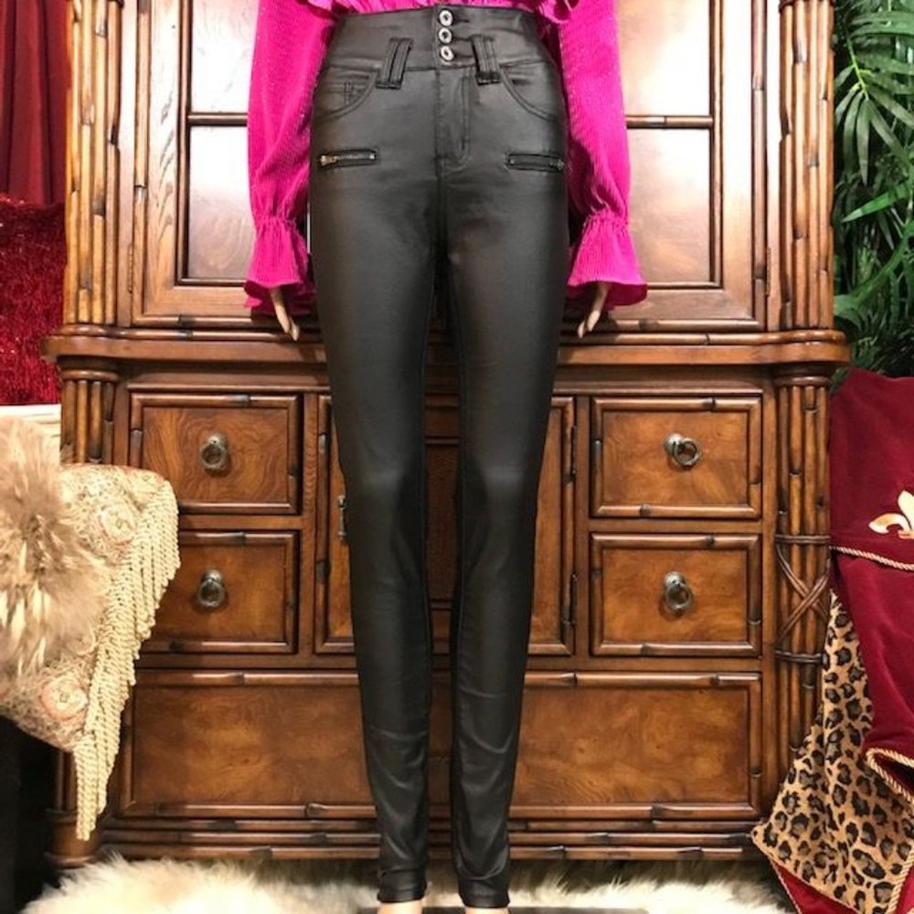 Faux Leather High Waist Stretch Cotton Double Loop Jean